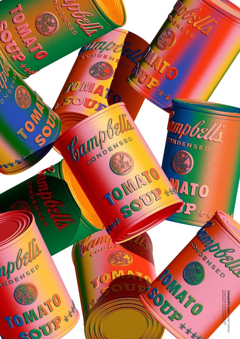 Assorted campbell's condensed tomato soup cans scattered in different orientations and in different gradient colors