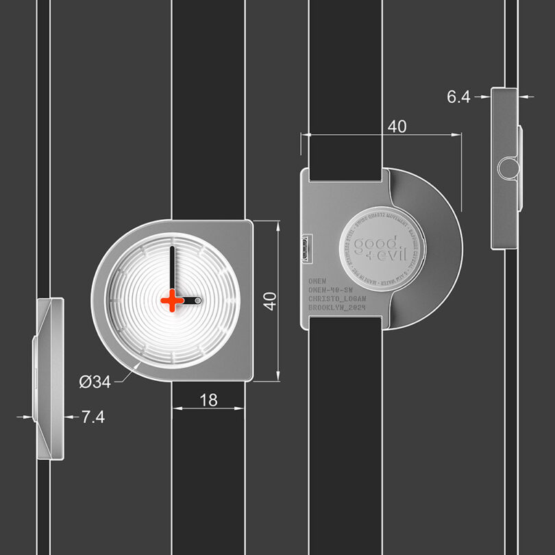 Technical drawing of a D-shaped electronic wristwatch with measurements and labels, depicted in grayscale on a dark background.