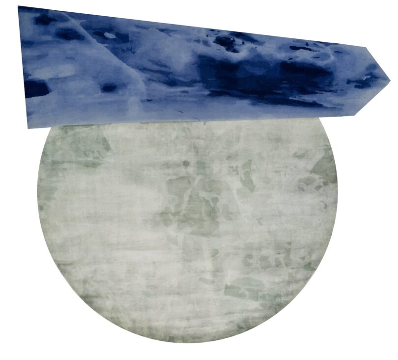 blue and green rug with an obelisk and circle shape