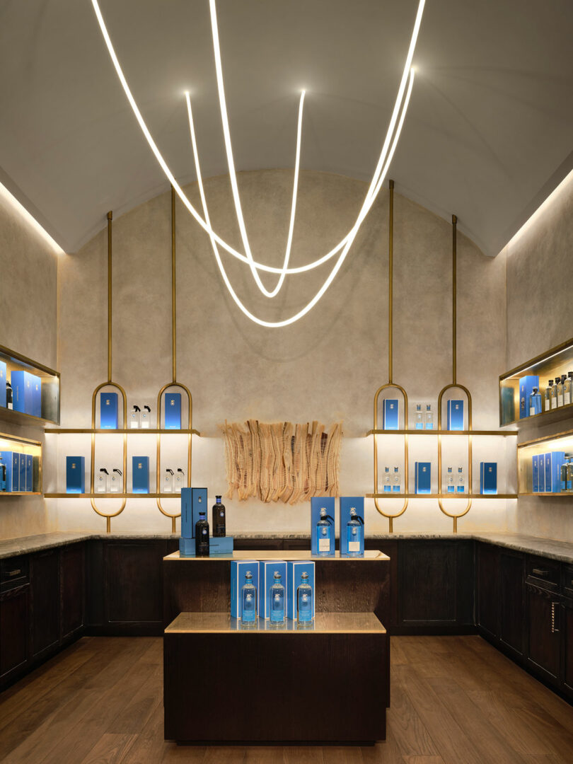 Modern boutique interior with curved LED lights on the ceiling, wooden counter, and shelves displaying Casa Dragones blue-packaged products.