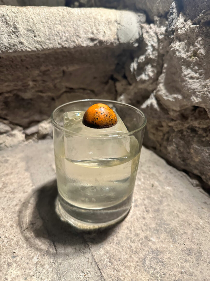 Clear Casa Dragones cocktail in a glass with a speckled egg resting on top, set against a rugged stone backdrop.