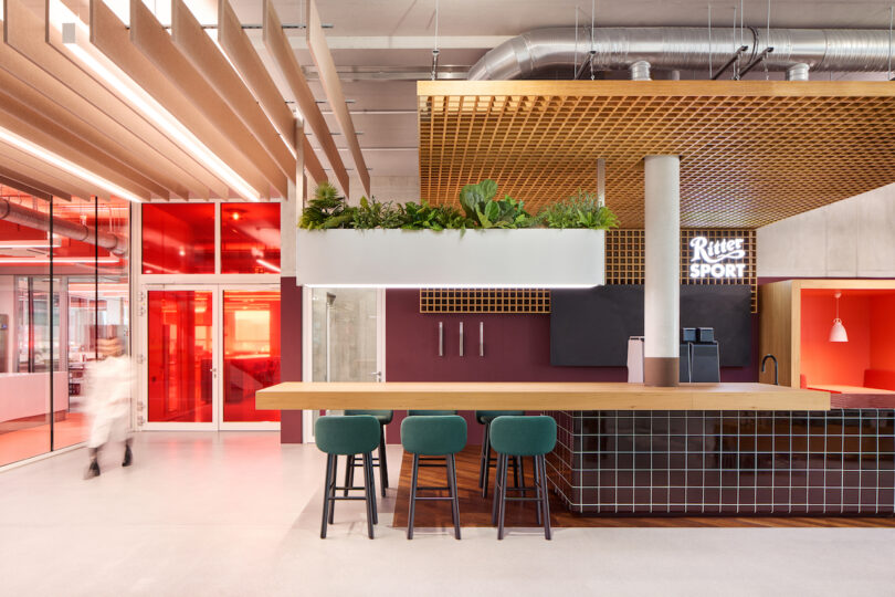 Modern office break area with a communal table, vibrant colors, and greenery.
