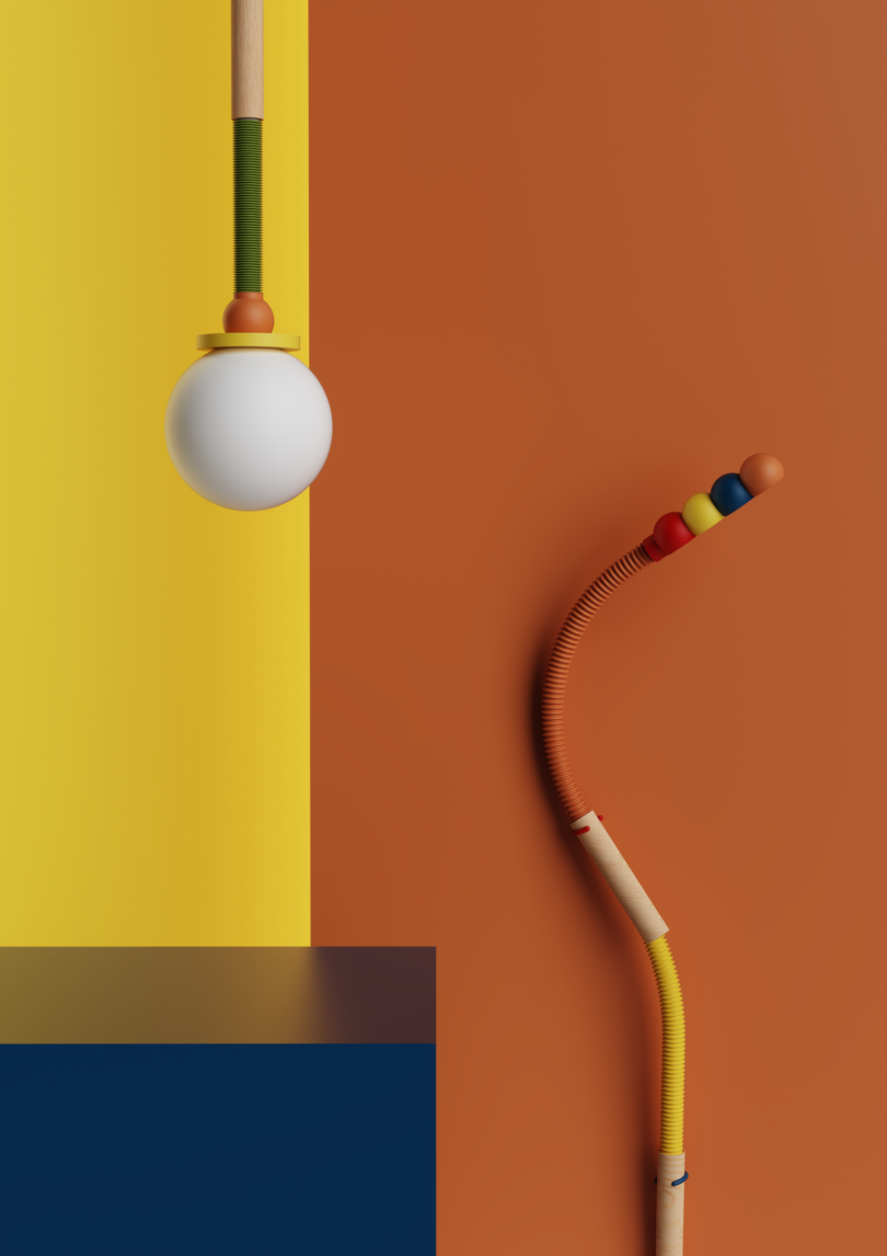 A stylized image featuring a wall divided into yellow, orange, and blue sections with a white lamp and a colorful flexible desk lamp.