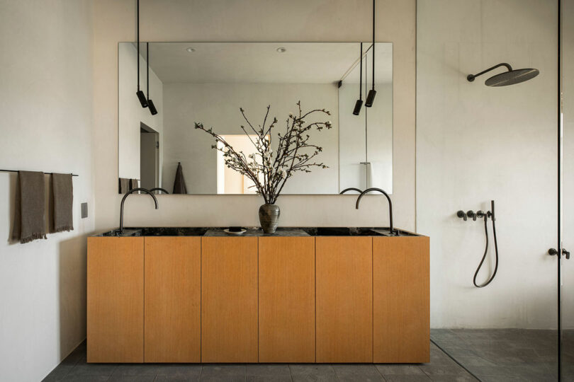 A minimalist bathroom features a large mirror, a wooden vanity with a black countertop, two modern faucets, and a vase with branches. A walk-in shower with a rain showerhead is visible on the right.