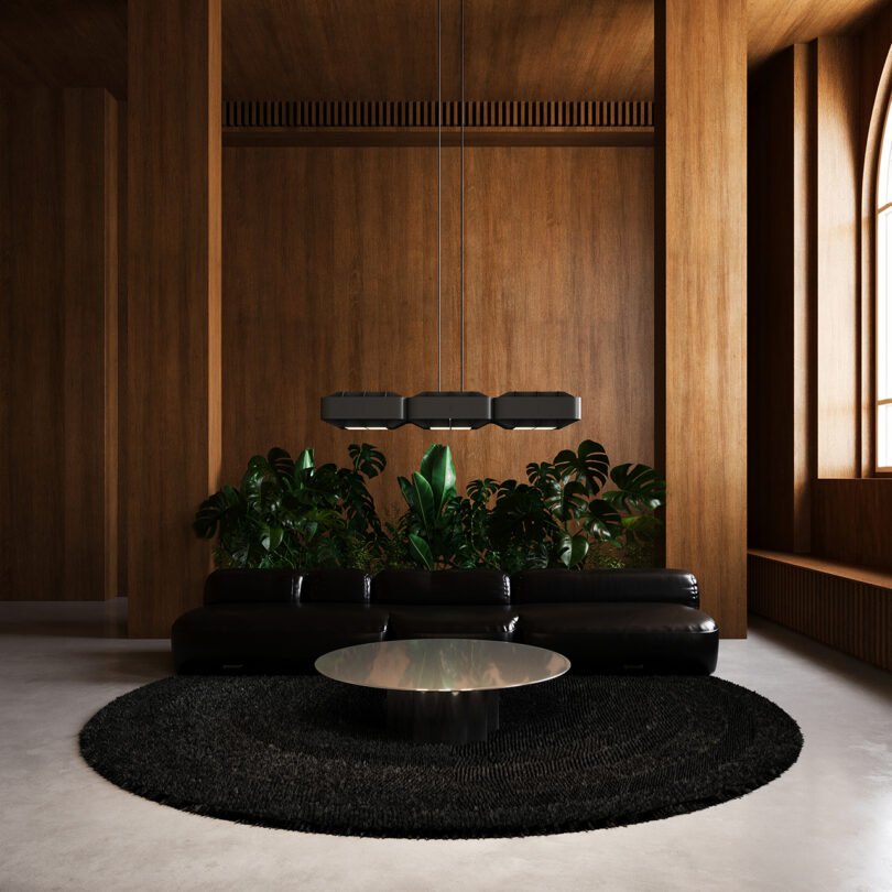 A modern living room with wooden walls, a black leather sofa, plants, a circular rug, and a round coffee table.