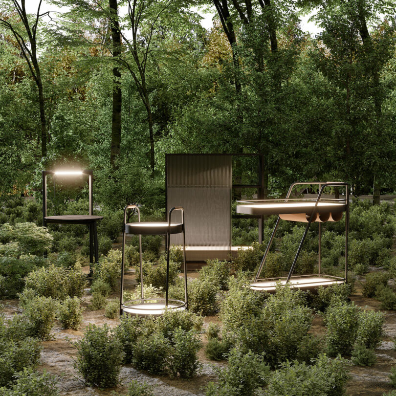 Modern outdoor furniture featuring a sleek metal and wood design, surrounded by lush greenery in a tranquil forest setting