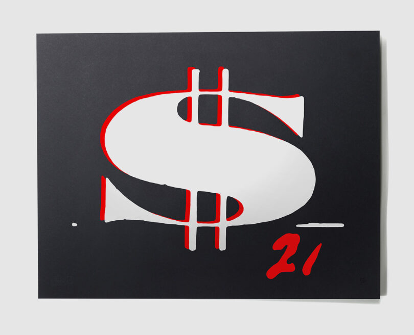 Graphic artwork featuring a white dollar sign on a black background, with red accents and the number 21 in red at the bottom right.
