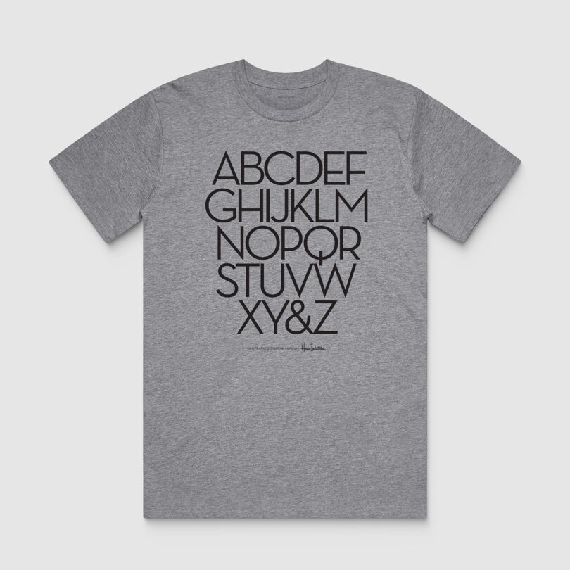 Gray t-shirt with a black alphabet design.