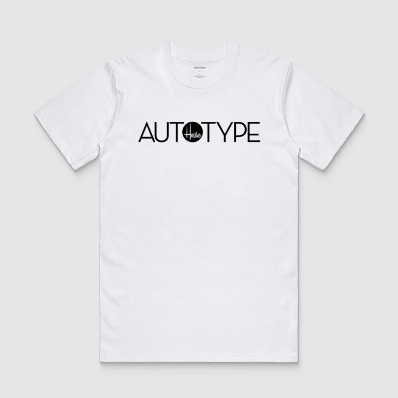 White t-shirt on a plain background with the word "autotype" printed in black.