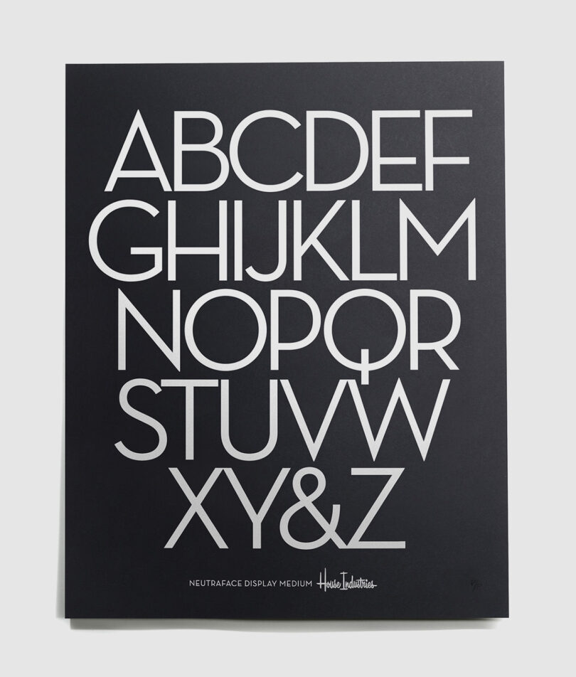 Black poster featuring the alphabet in white, modern typography, with "neutraface display medium - house industries" written at the bottom.