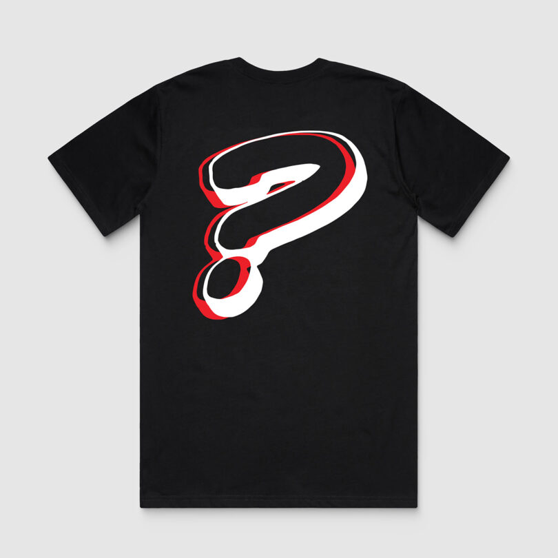 Black shirt featuring a bold, red and white stylized question mark.