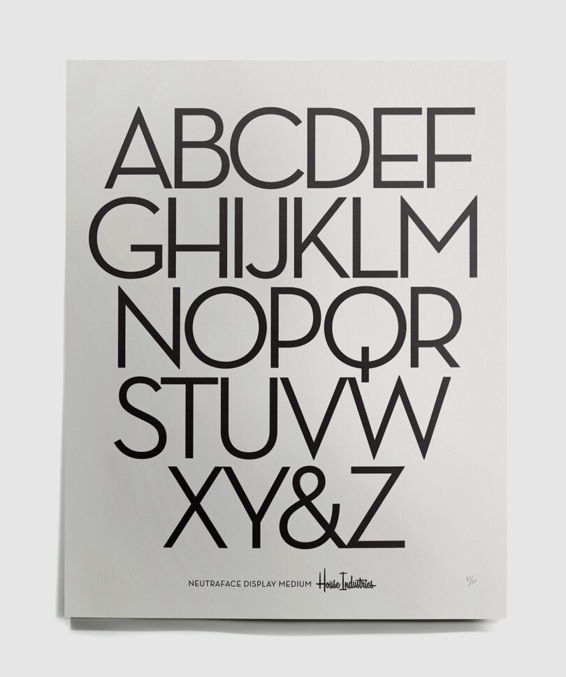 White poster featuring the alphabet in black, modern typography, with "neutraface display medium - house industries" written at the bottom.