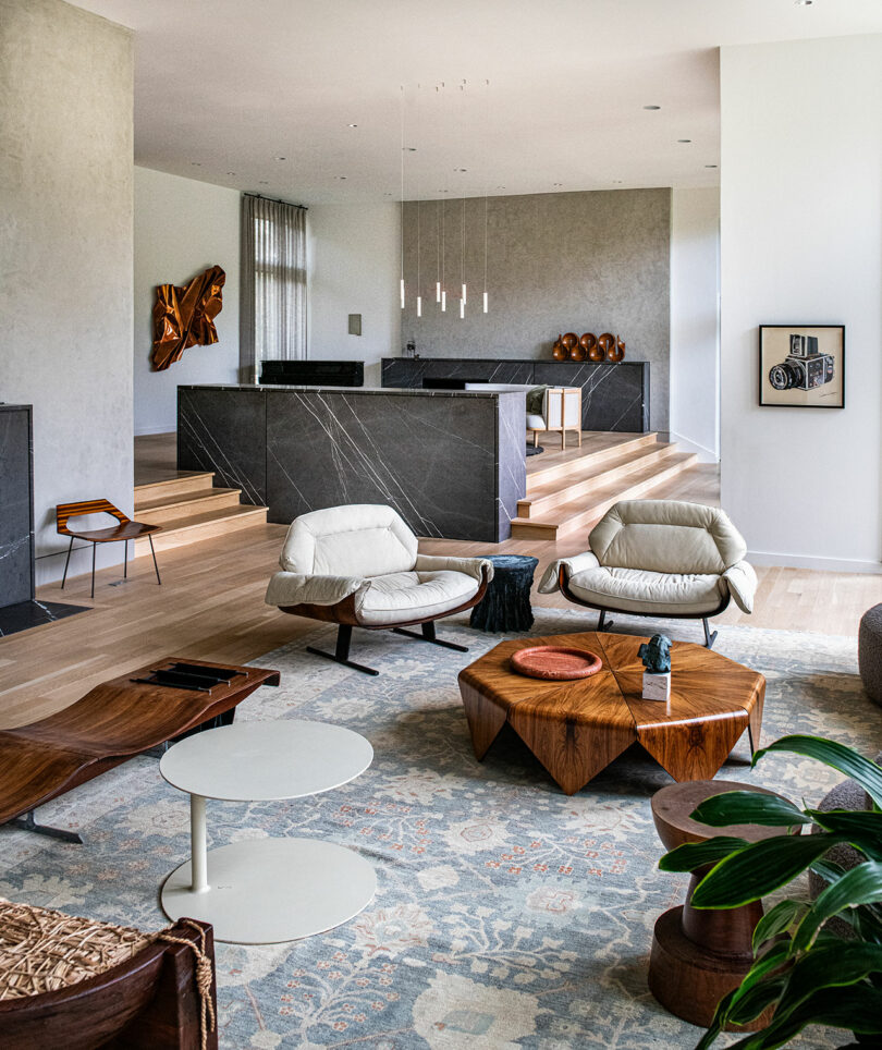 Modern living room with a mix of wooden and metal furnishings, beige walls, and a light-colored patterned rug. Features include a minimalist kitchen in the background, contemporary art reflecting Brazilian Modernism, and indoor plants.