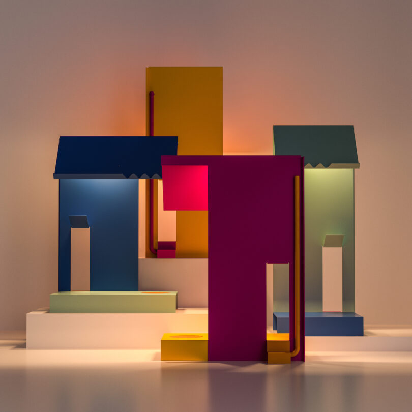 geometric lamps in vibrant colors resembling houses, neatly arranged on a soft-lit background
