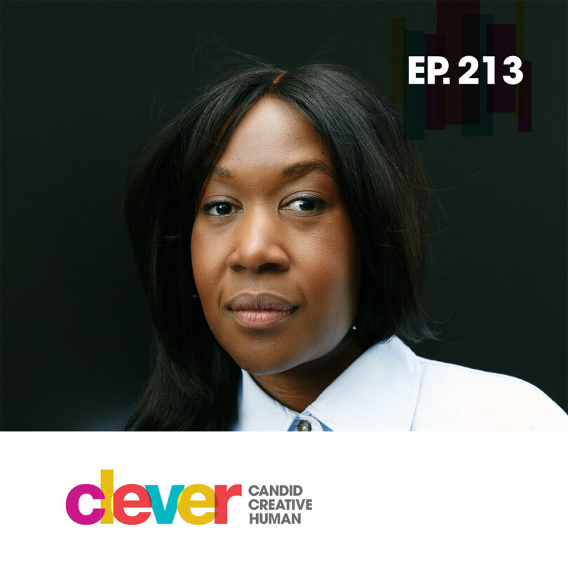 Portrait of a Black woman with a serious expression, wearing a white shirt, against a black background, with the text "Clever Creative Human EP.213" overlaid.