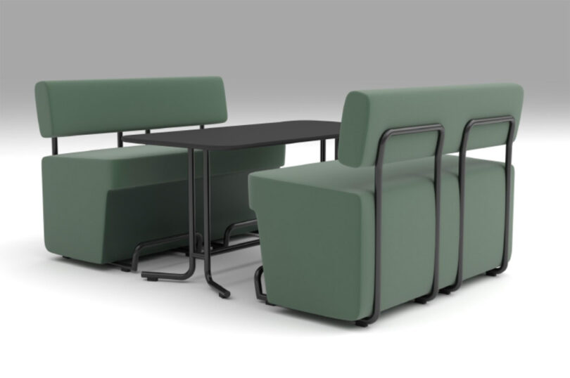 A modern modular table set with two green cushioned bench seats and two green cushioned chairs, all with black metal frames.