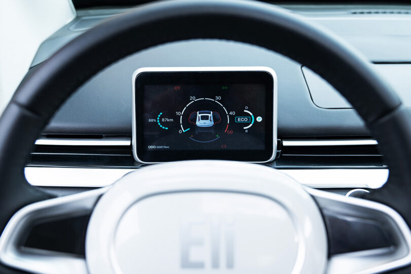 Heads up digital display as seen through the steering column of the Eli ZERO micro-EV.