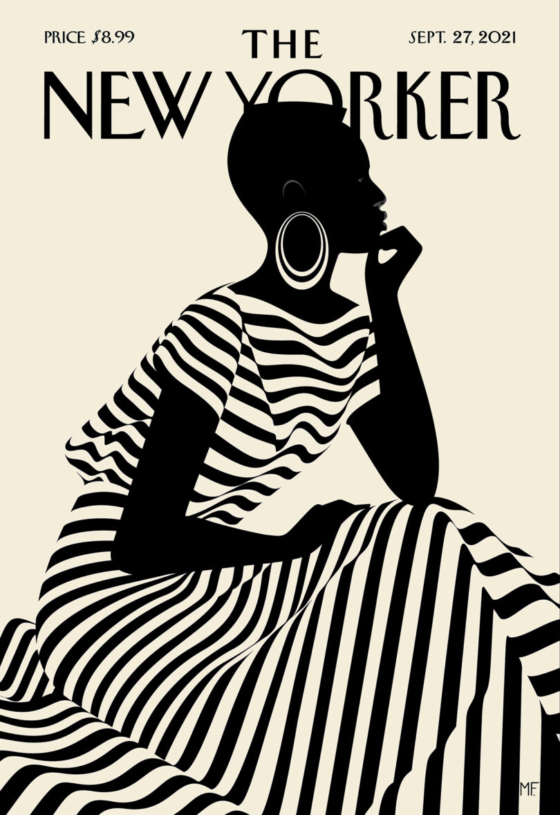 Illustration of a silhouette of a person with short hair and large earrings, seated and resting their chin on their hand, dressed in striped attire. "The New Yorker" text at the top with the date September 27, 2021.