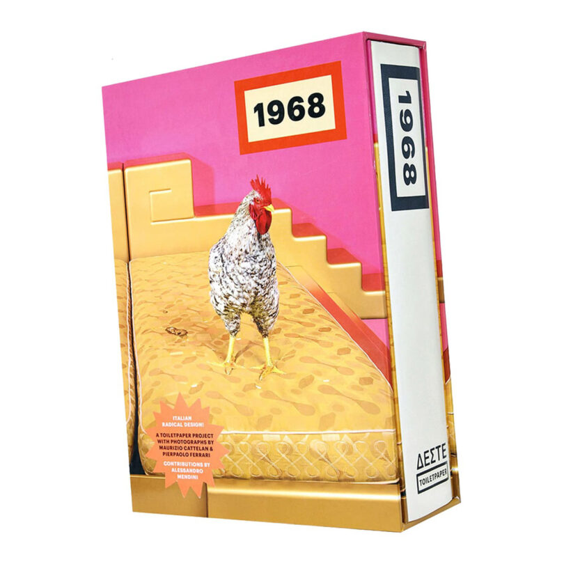 A rooster standing on a bench displayed within a large book cover titled "1968 / 1986," with a pink and yellow color scheme and text designating a collaborative project.