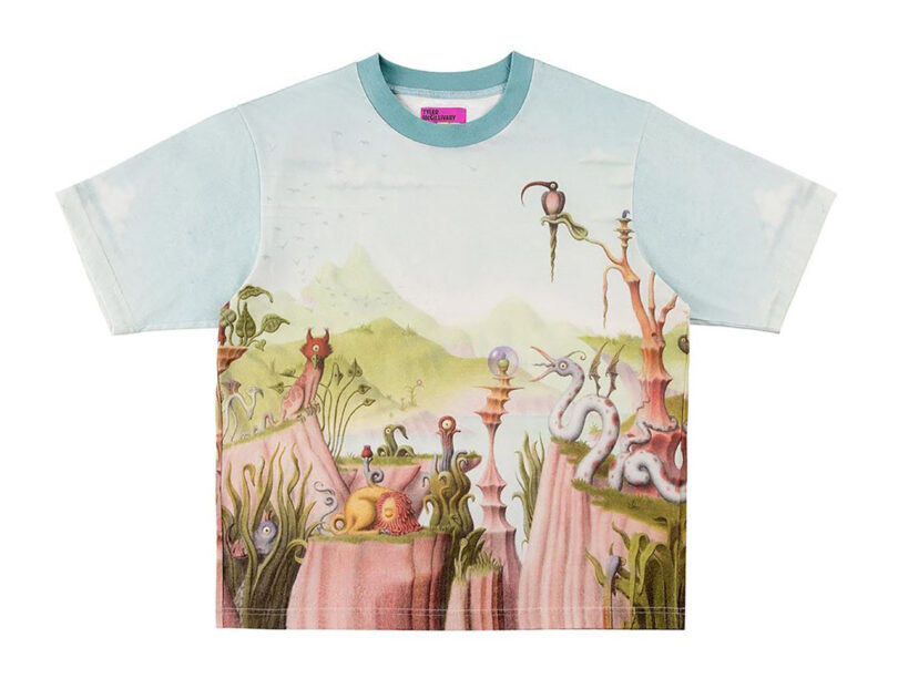 T-shirt with a surreal landscape print, featuring whimsical creatures and abstract shapes in pastel tones.