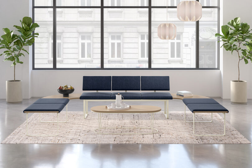 Modern office lounge area with a blue modular sofa, two matching modular benches, a round coffee table, and large windows. decor includes potted plants and neutral colored walls.