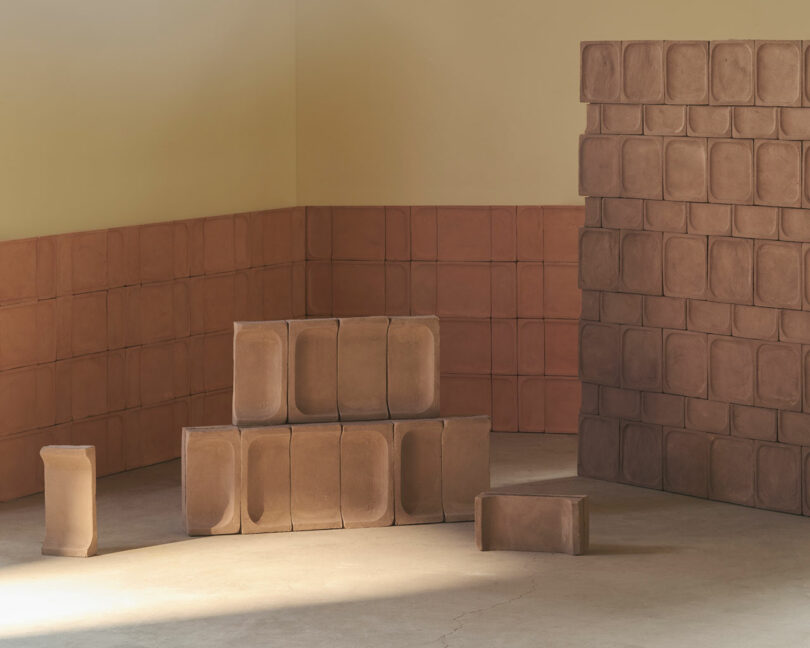 Arranged in a corner, several clay-colored rectangular blocks form a wall on the right and a stepped structure in the center. The blocks are uniformly shaped and the floor is concrete.