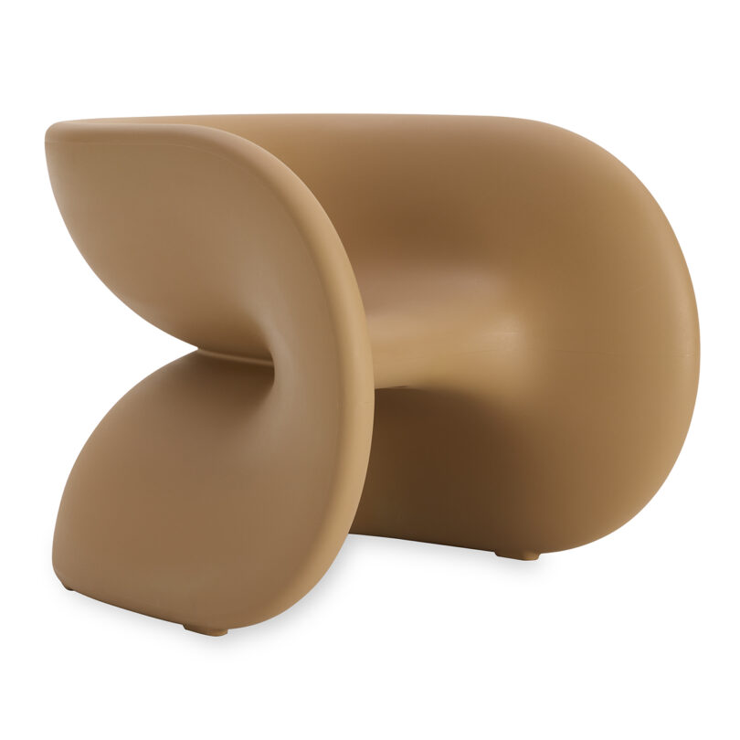 A modern tan chair with a curved, sculptural shape on a white background.