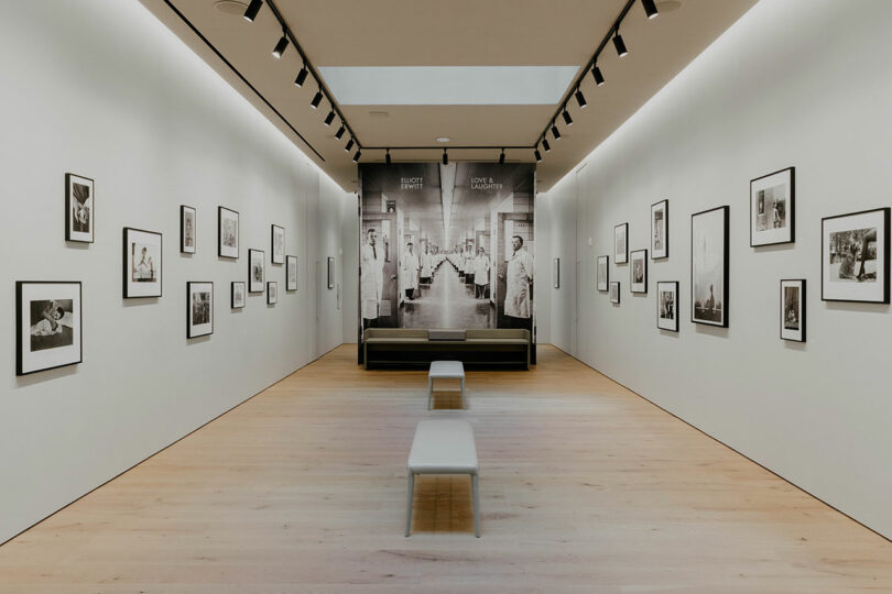 Modern art gallery interior displaying black and white photographs on white walls, with wooden floors, track lighting, and benches.