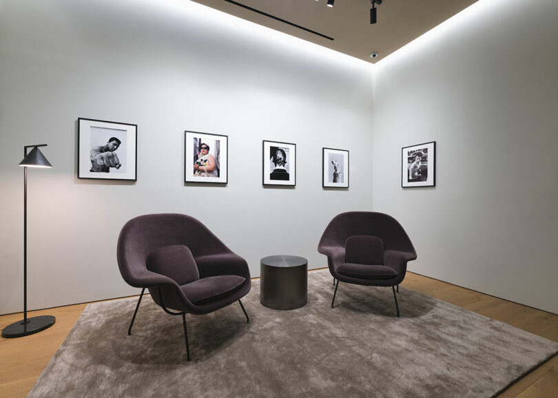 Modern art gallery interior with six framed black and white photographs on a wall, two purple chairs, a floor lamp, and a small table on a grey rug.