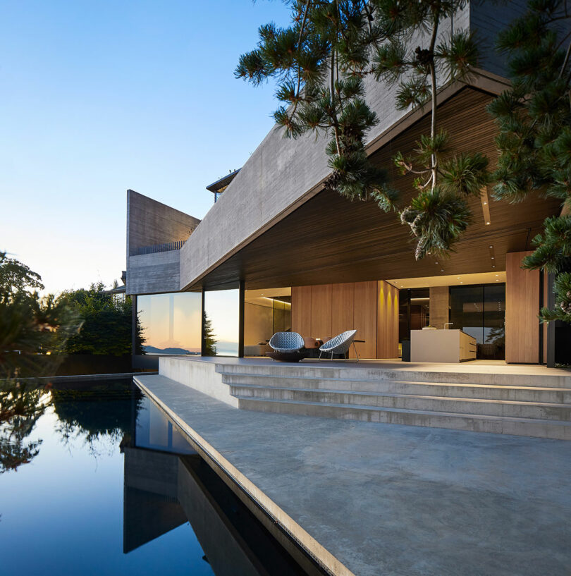 Liminal house with large glass windows and wooden panels, featuring a concrete terrace and reflection in a pool, surrounded by pine trees at dusk.