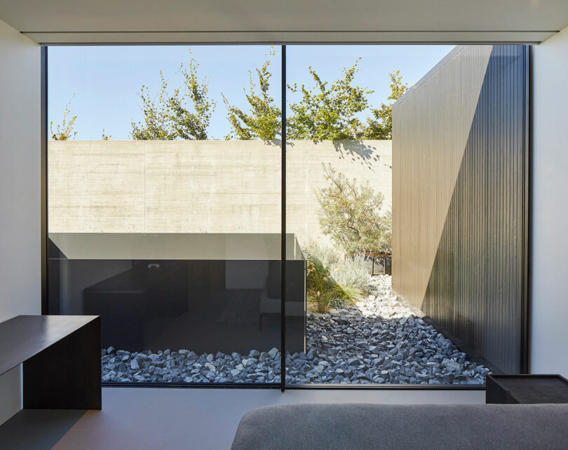 Modern living room in a Liminal House with a large glass window overlooking a garden with small trees and a concrete wall, featuring minimalistic furniture and an indoor rock bed.