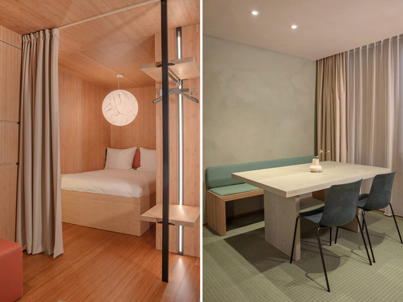 A split image showcasing a cozy bedroom with a bed, wooden walls, and a hanging lamp on the left; and on the right, a modern dining area with a table, chairs, and a bench reminiscent of the sophisticated design found in MM:NT Berlin Lab hotel's contemporary spaces.