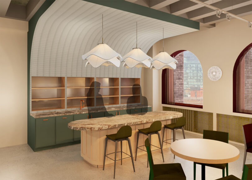Modern office café interior with a curved bar, wooden stools, pendant lights, and arched windows overlooking city buildings.