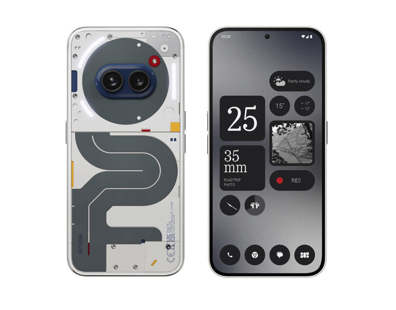 Nothing smartphone showcasing a transparent back revealing internal components on the left, and the front screen displaying a weather widget, date, and camera interface on the right, exemplifies the sleek design of the Nothing Phone (2a) Special Edition.