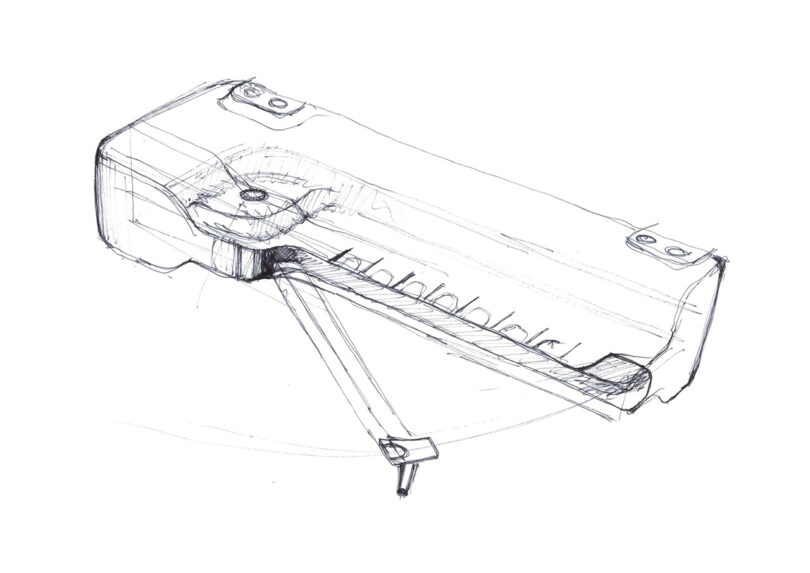 Hand-drawn sketch of a wall-mounted swivel tone arm, depicted in a detailed, technical style with visible sketch lines and shading.