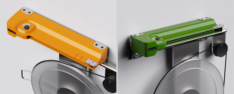 Side by side yellow and green versions of the Disco Volante wall mounted turntable, each focused upon the tone arm housing.