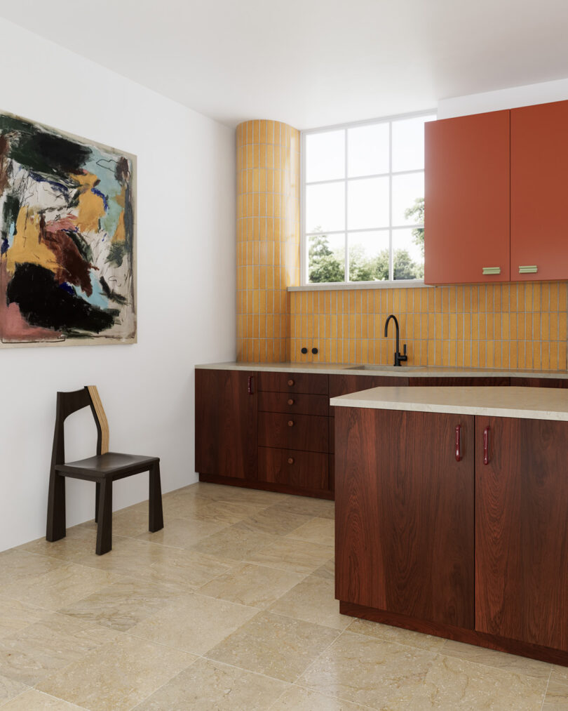 A modern kitchen with wooden cabinets, orange upper cabinets, yellow tiled backsplash, a black faucet, and a large abstract painting on a white wall. A dark wooden chair sits against the wall.