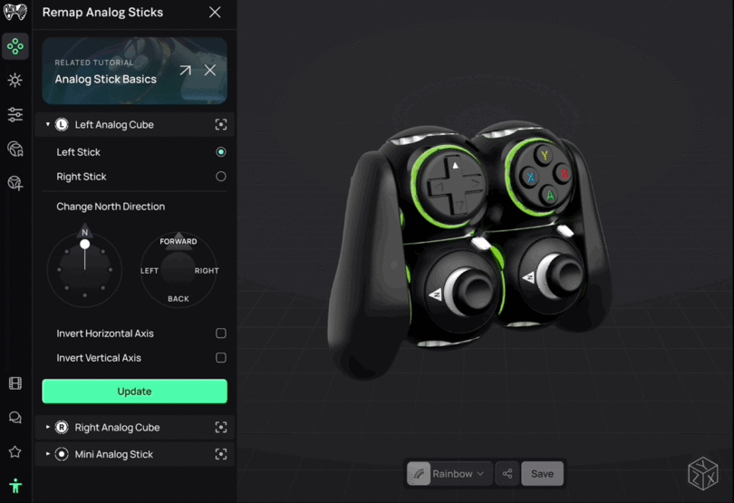 A screenshot of an interface for remapping analog sticks, featuring a detailed 3D model of the Proteus gaming controller on the right and remapping options on the left.