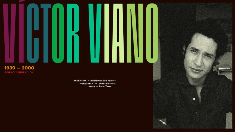 graphic design layout in shades of green on black featuring the work of Victor Viano