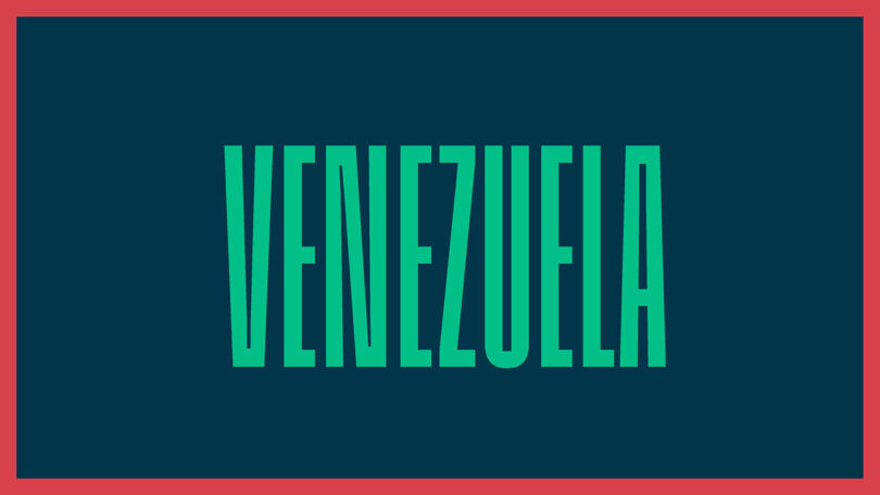 The word Venezuela typed in all caps green lettering on dark blue background