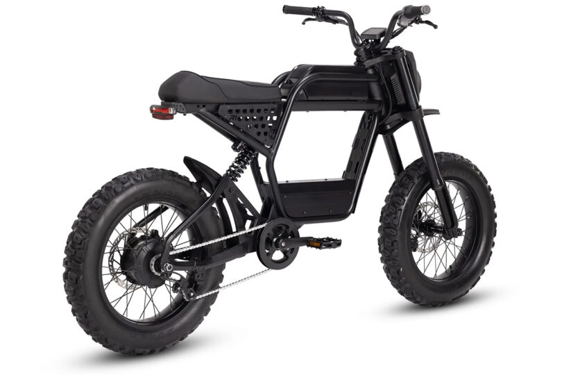 A black Ride1Up Revv1 DRT eBike with a minimalist frame, rugged tires, and a rear-mounted battery is displayed against a white background.