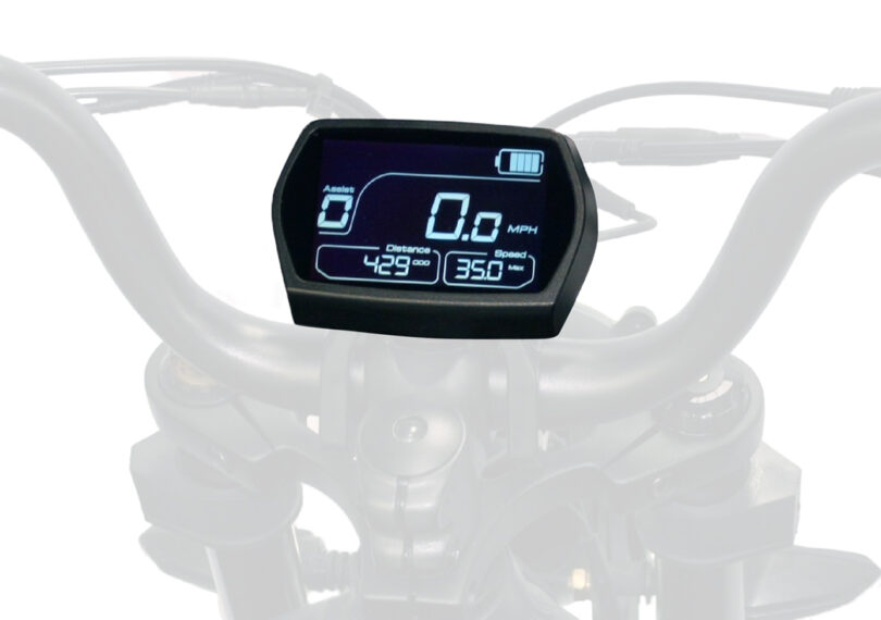 The digital display of the Ride1Up Revv1 DRT eBike console shows a speed of 0.0 mph, with a distance covered of 429.0 miles and a speed limit set at 35.0 mph. The battery icon is clearly visible in the top right corner, while the handlebar and cables can be seen in the background.