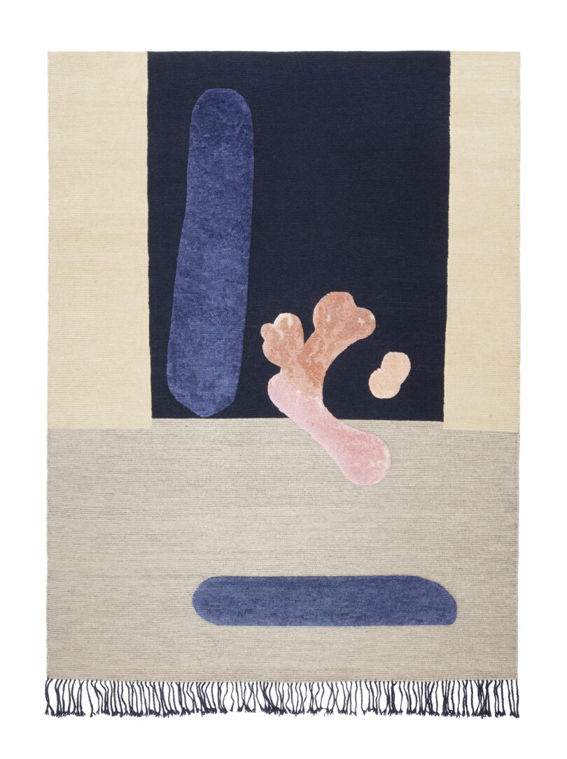 Abstract wool rug featuring geometric and organic shapes in beige, navy, and pink, with fringed edges.