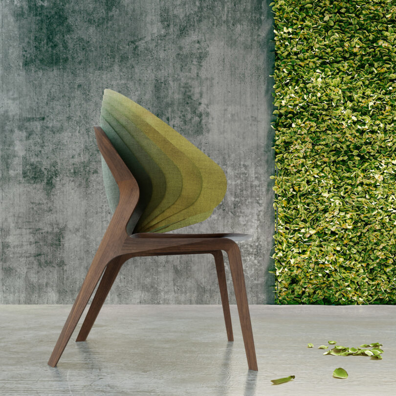 Modern wooden chair with a green striped cushion against a textured gray wall and a lush green ivy panel