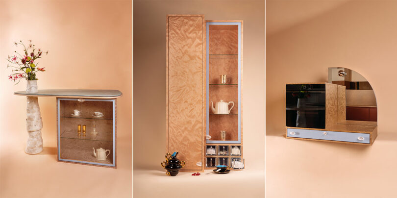 Three unique cabinets displayed against a beige background: a curved shelf with floral arrangement (left), a tall cabinet with various objects (center), and a wall-mounted cabinet with a mirror and drawer (right).