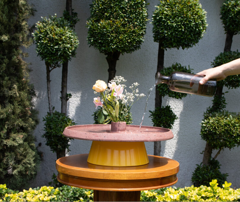 A hand pours water from a glass jar into a ceramic birdbath with flowers in the upper dish. The birdbath stands in a garden with neatly trimmed shrubs and greenery in the background.