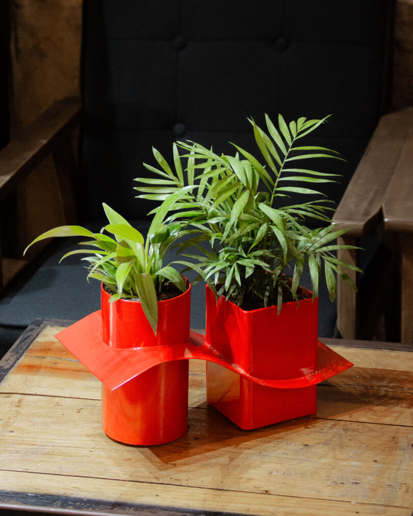 Two potted green plants sit in red, uniquely designed planters on a wooden table.