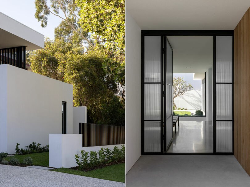 Modern white minimalist house exterior on the left, and an interior view through a doorway with black-framed glass panels on the right, leading to a bright, open living space with greenery visible outside.