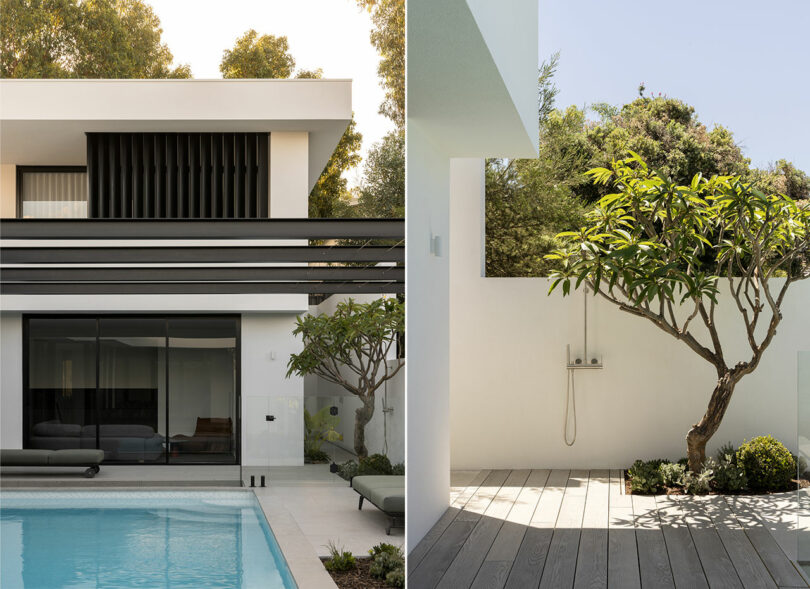 Modern house exterior with a sleek design, featuring a pool and an outdoor shower area with a potted tree. The setting is minimalist with clean lines and natural elements.