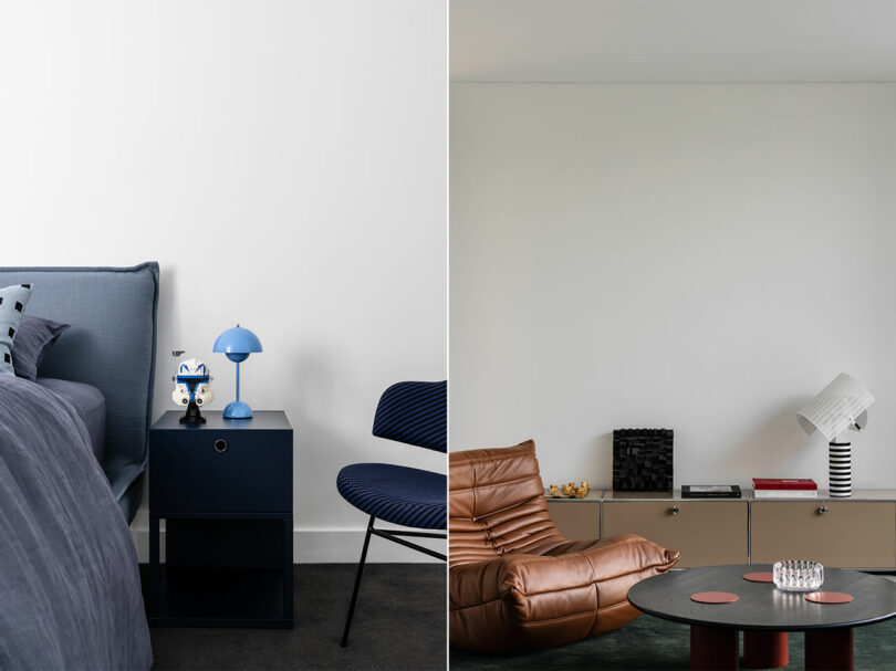 Minimalist bedrooms. Bedroom left with blue accents, lamp, and robot figurine. Bedroom right with brown chair, striped lamp, dark round table with coasters, and shelf holding books and decor.